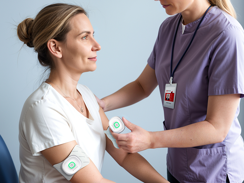 A healthcare professional attaches a wearable health sensor to a patient's arm.