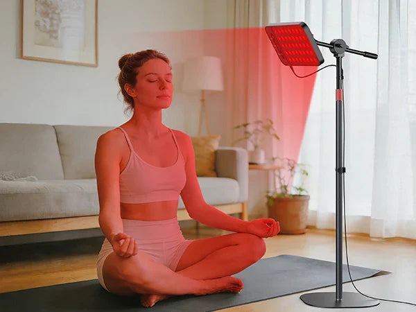 A woman is using a red light therapy panel.