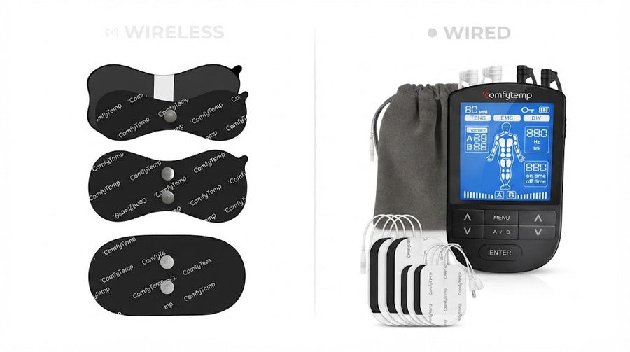 comparison of wireless electrode pads and a wired TENS unit with pads and storage bag