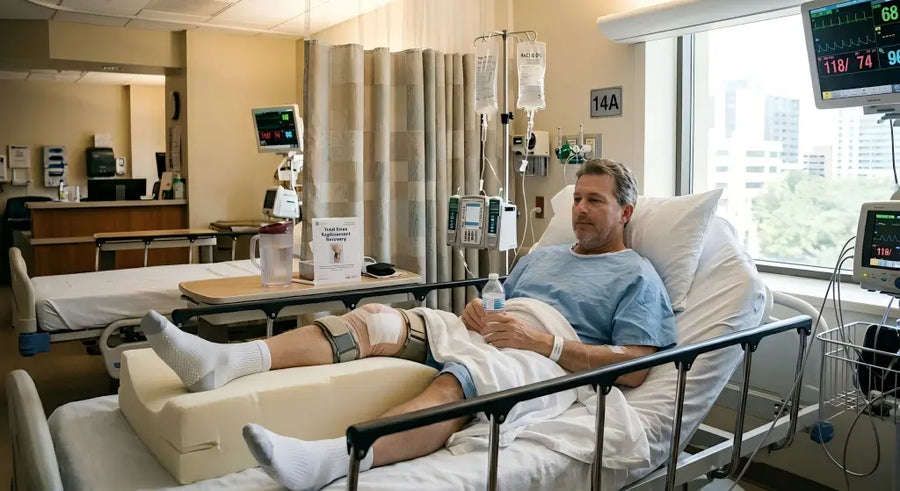 A man in a hospital bed with his leg elevated after knee surgery.