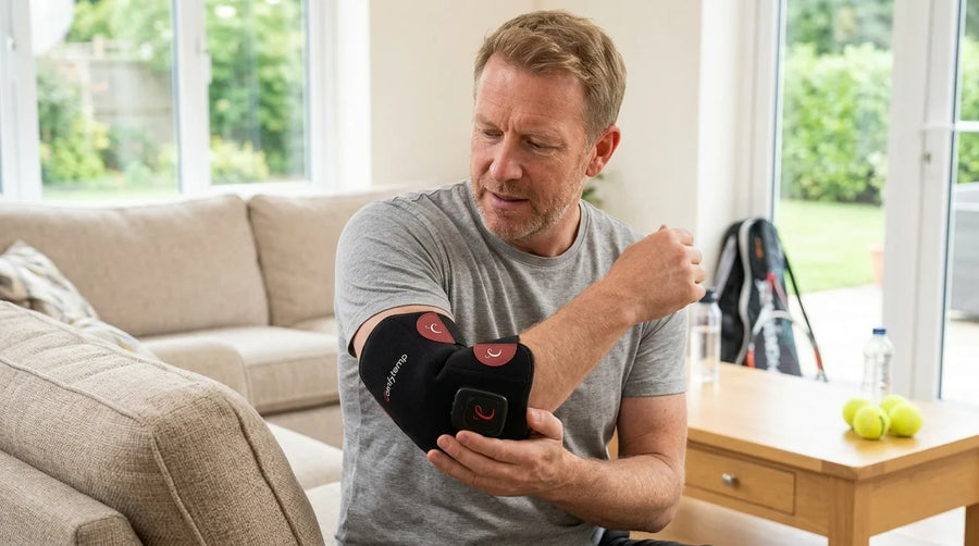 Man wearing a black elbow support brace with red accents and a control unit, adjusting the strap in a living room.