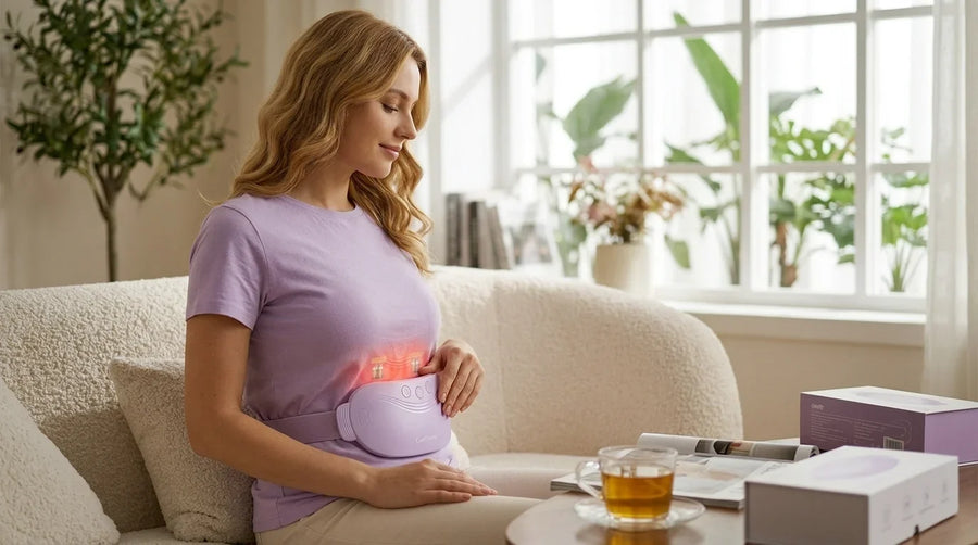 Woman wearing a lavender menstrual heating pad with red LED lights while sitting on a couch.