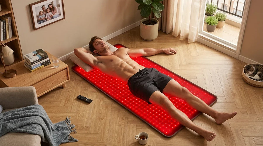 Man lying on a full-body red LED light therapy mat in a living room.