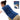 A woman wearing a large blue plush microwavable heating pad on her back next to its product box.