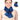 Smiling woman wearing a blue plush heating pad around her neck, showing both front and back views.