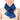 Front view of a smiling woman wearing a blue plush heating pad secured with a black strap.