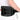 A person wearing a black heated back support belt with control buttons and a portable power bank.