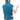 Woman wearing a blue electric heating pad for back, neck, and shoulders with a handheld remote.