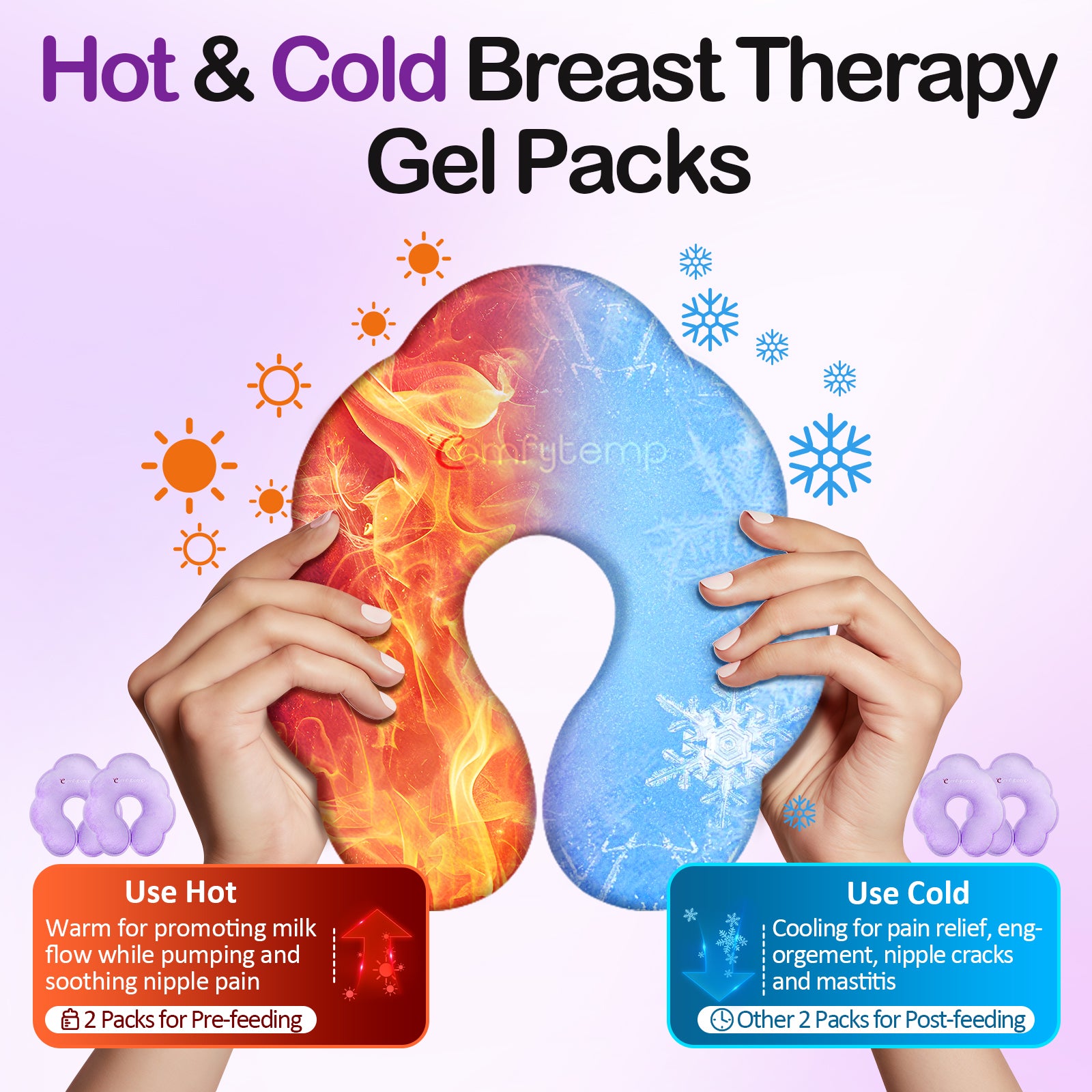 Comfytemp Breastfeeding Therapy Packs, 4-Pack Larger Dual-Sided Hot & Cold Breast Gel Ice Pads, FSA HSA Eligible, Reusable Postpartum Essentials for Pain Relief, Mastitis, Engorgement, New Mom Gifts