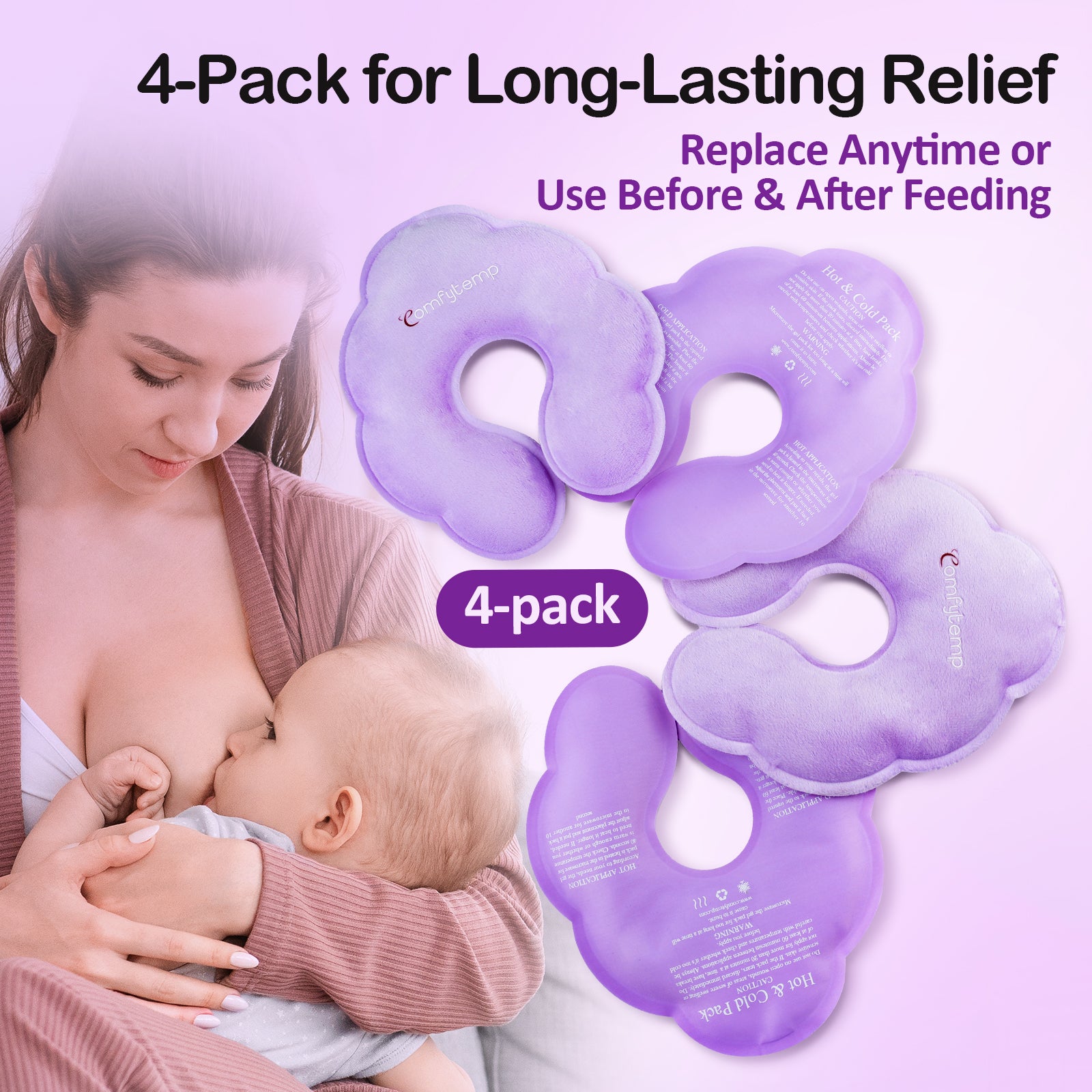 Comfytemp Breastfeeding Therapy Packs, 4-Pack Larger Dual-Sided Hot & Cold Breast Gel Ice Pads, FSA HSA Eligible, Reusable Postpartum Essentials for Pain Relief, Mastitis, Engorgement, New Mom Gifts