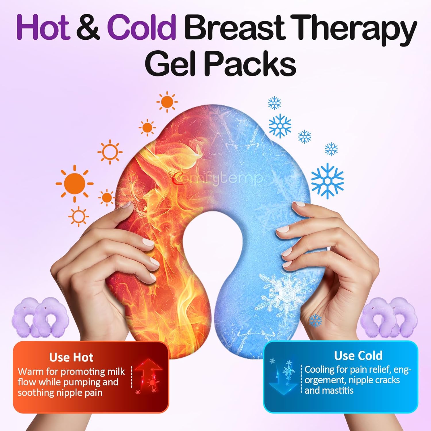 Comfytemp Breastfeeding Therapy Packs, 2-Pack Larger Dual-Sided Hot & Cold Breast Gel Ice Pads, Reusable Postpartum Essentials for Pain Relief, Mastitis, Engorgement, New Mom Gifts