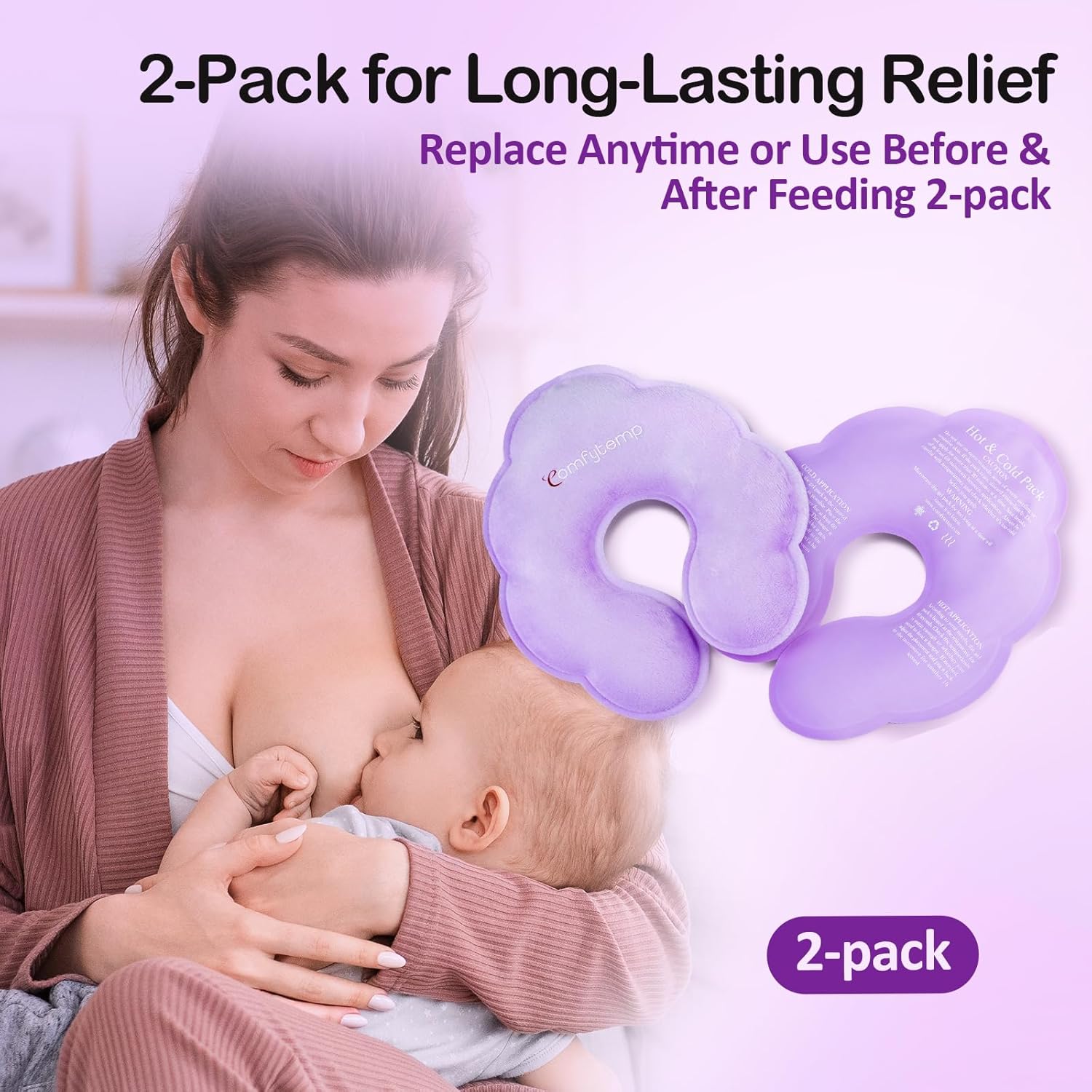 Comfytemp Breastfeeding Therapy Packs, 2-Pack Larger Dual-Sided Hot & Cold Breast Gel Ice Pads, Reusable Postpartum Essentials for Pain Relief, Mastitis, Engorgement, New Mom Gifts