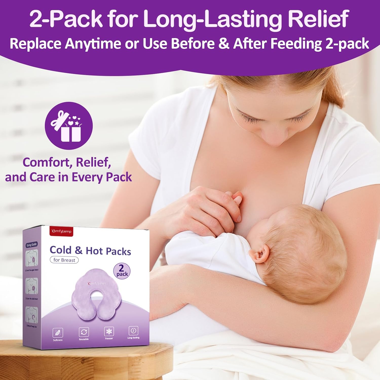 Comfytemp Breastfeeding Therapy Packs, 2-Pack Larger Dual-Sided Hot & Cold Breast Gel Ice Pads, Reusable Postpartum Essentials for Pain Relief, Mastitis, Engorgement, New Mom Gifts