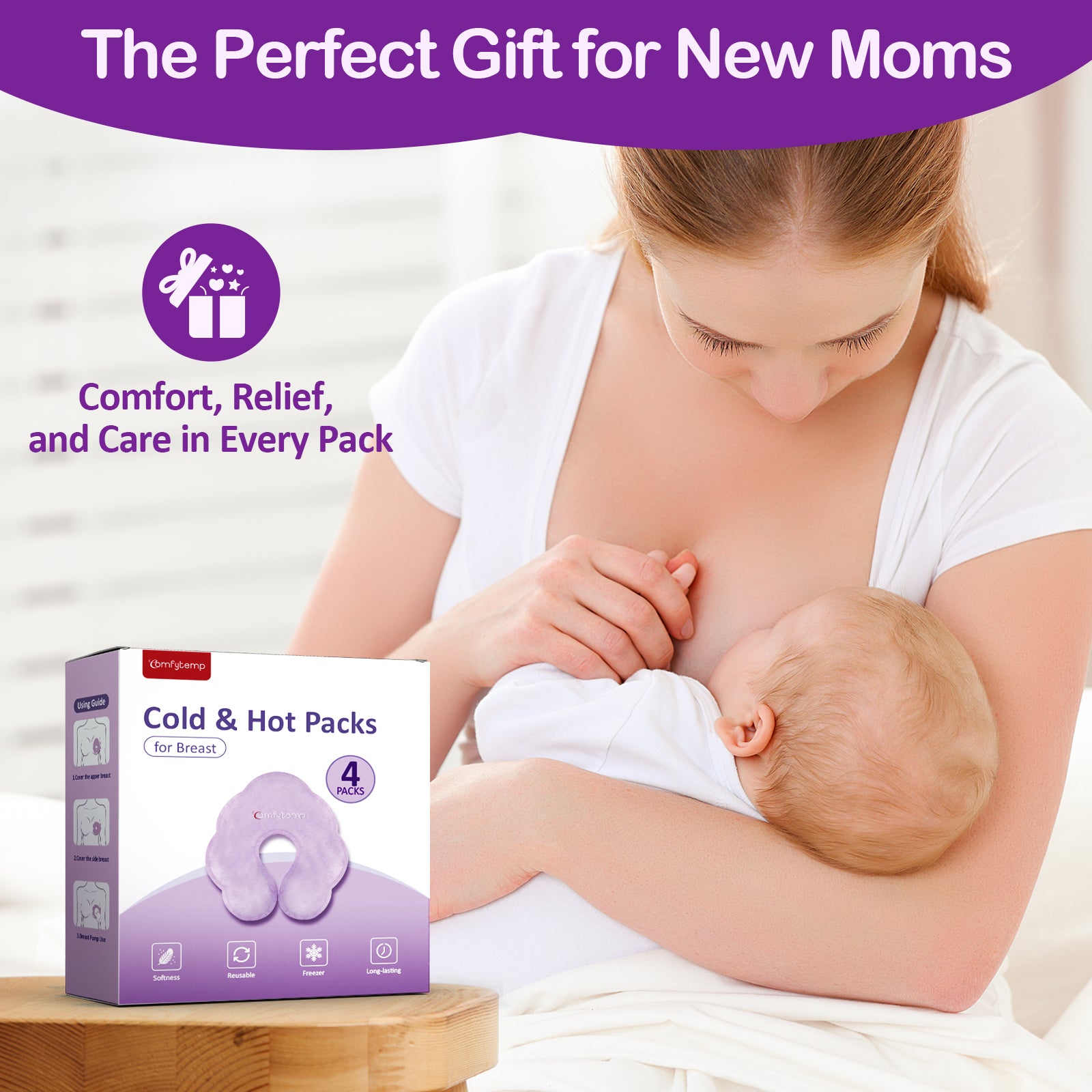 Comfytemp Breastfeeding Therapy Packs, 4-Pack Larger Dual-Sided Hot & Cold Breast Gel Ice Pads, FSA HSA Eligible, Reusable Postpartum Essentials for Pain Relief, Mastitis, Engorgement, New Mom Gifts