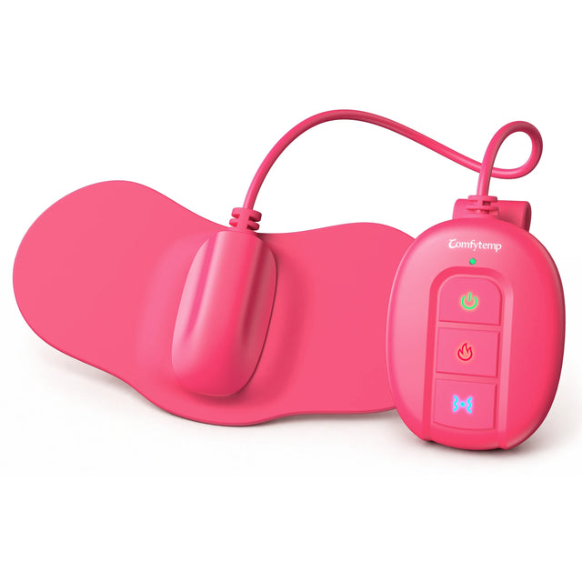 Pink Comfytemp heating pad with controller showing power, heat, and vibration buttons.