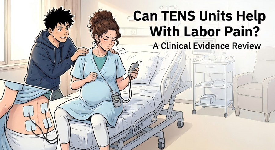 An illustration showing a pregnant woman using a TENS unit for labor pain relief while a partner supports her.