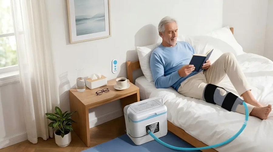 An older man sitting on a bed while using a cold therapy device on his knee.