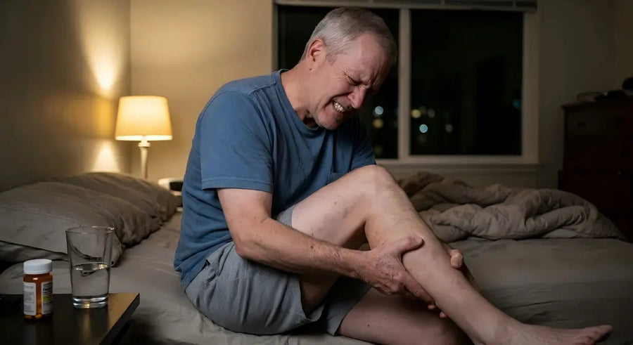 An older man sitting on a bed at night clutching his leg in pain with a bottle of medication nearby.