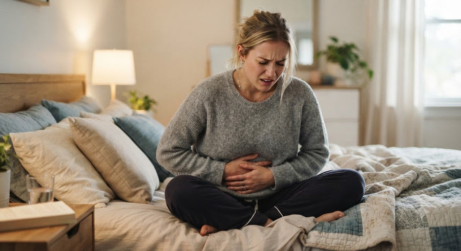 A white woman is sitting on the bed, clutching her stomach with a somewhat pained expression.