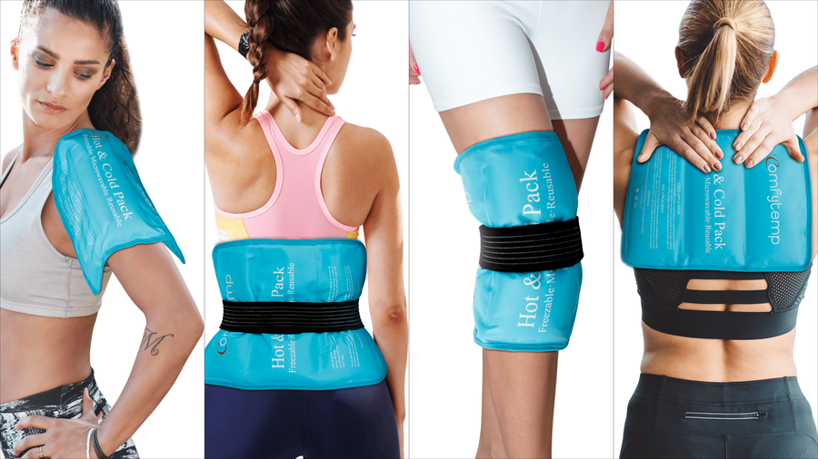 Women using reusable gel hot and cold packs on shoulder, back, knee, and neck.