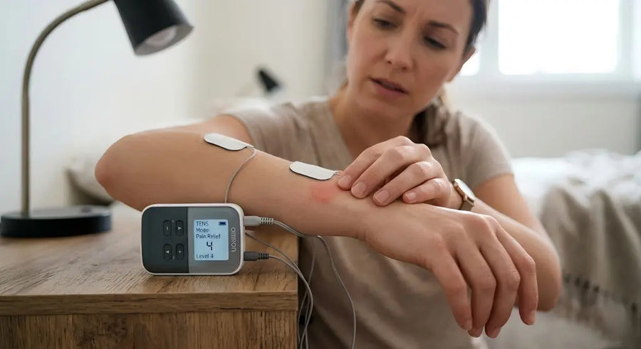 A woman applying TENS unit electrodes to her forearm to treat skin irritation or pain.