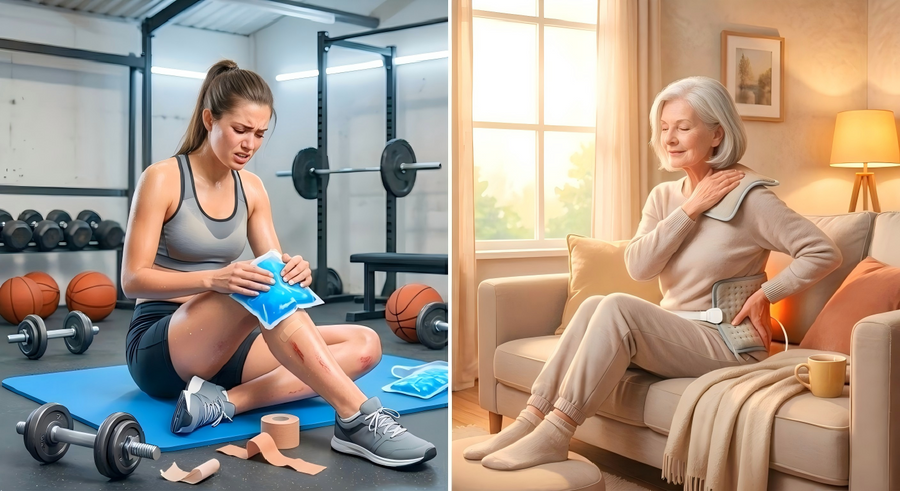 Split image of a woman applying an ice pack to her knee and an older woman using a heating pad.