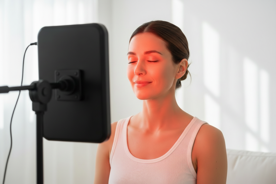 A woman sits with her eyes closed, facing a red light therapy panel for skin treatment.