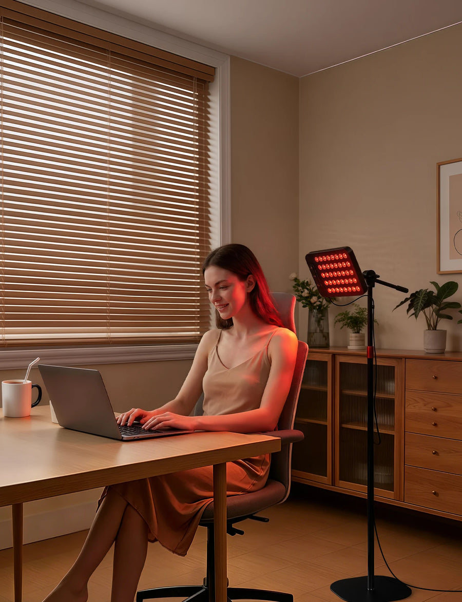 A woman sitting at a desk and working on her laptop while using a red light therapy panel.
