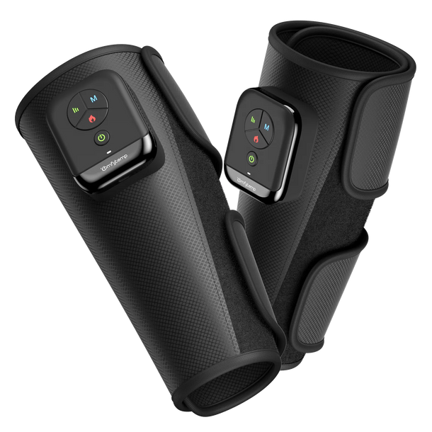Pair of Comfytemp cordless knee massagers with digital controllers and adjustable velcro straps.