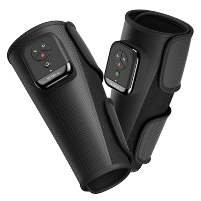 Pair of Comfytemp cordless knee massagers with digital controllers and adjustable velcro straps.