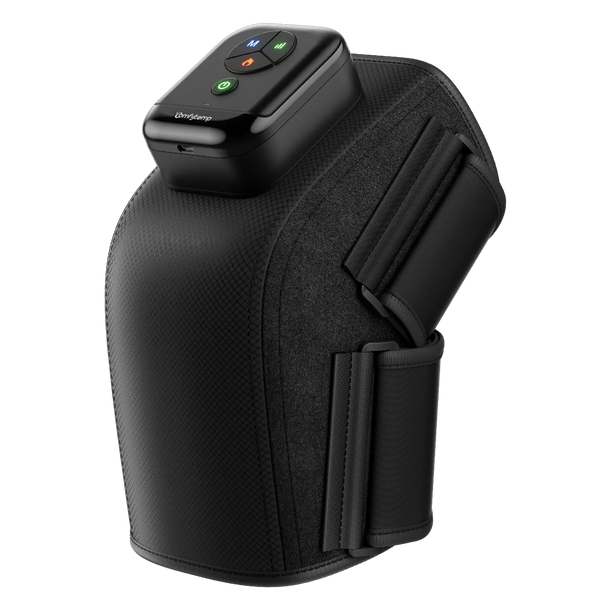 Comfytemp cordless heated knee massager wrap with adjustable straps and digital control panel.