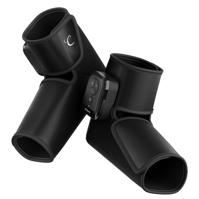 Pair of black cordless elbow massagers with digital controllers and adjustable wraps.
