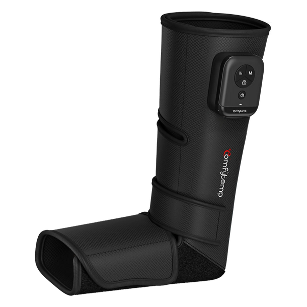 Black leg and foot compression massager with a digital control panel for circulation relief.
