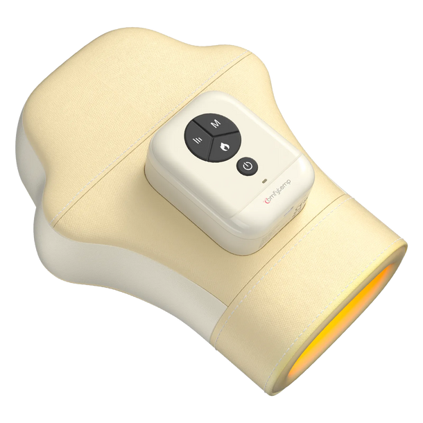Beige cordless hand massager with a digital controller and heating function.