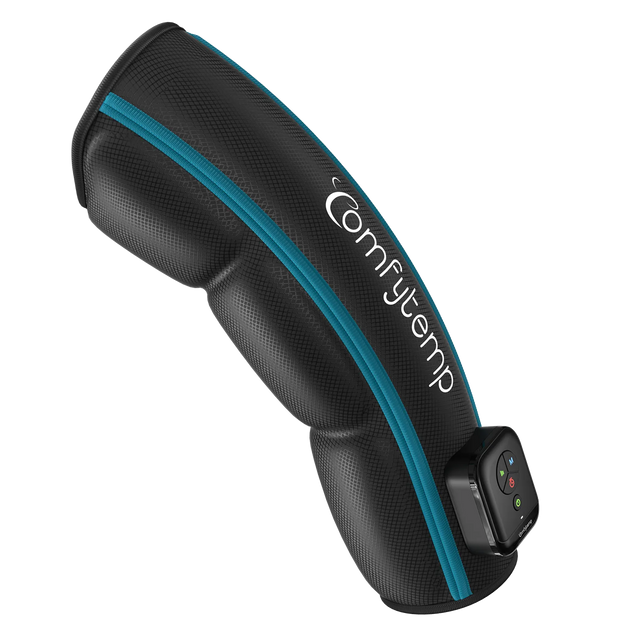 Black cordless leg massager with blue zipper and digital controller for muscle recovery.