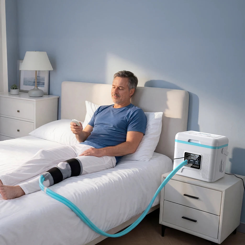 Man in bed using cold therapy machine on knee