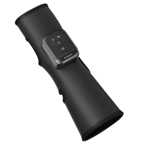 Black cordless heated leg massager with digital control panel for pain relief and circulation.