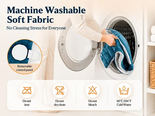 Person placing a blue soft fabric blanket with removable control panel into a front-loading washing machine