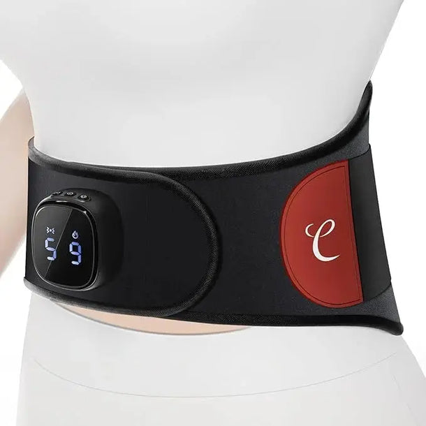 Black heated waist belt with a digital controller and red logo accent on a white mannequin.