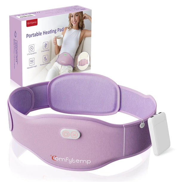 A purple portable heating pad displayed with its product box and a white power bank.