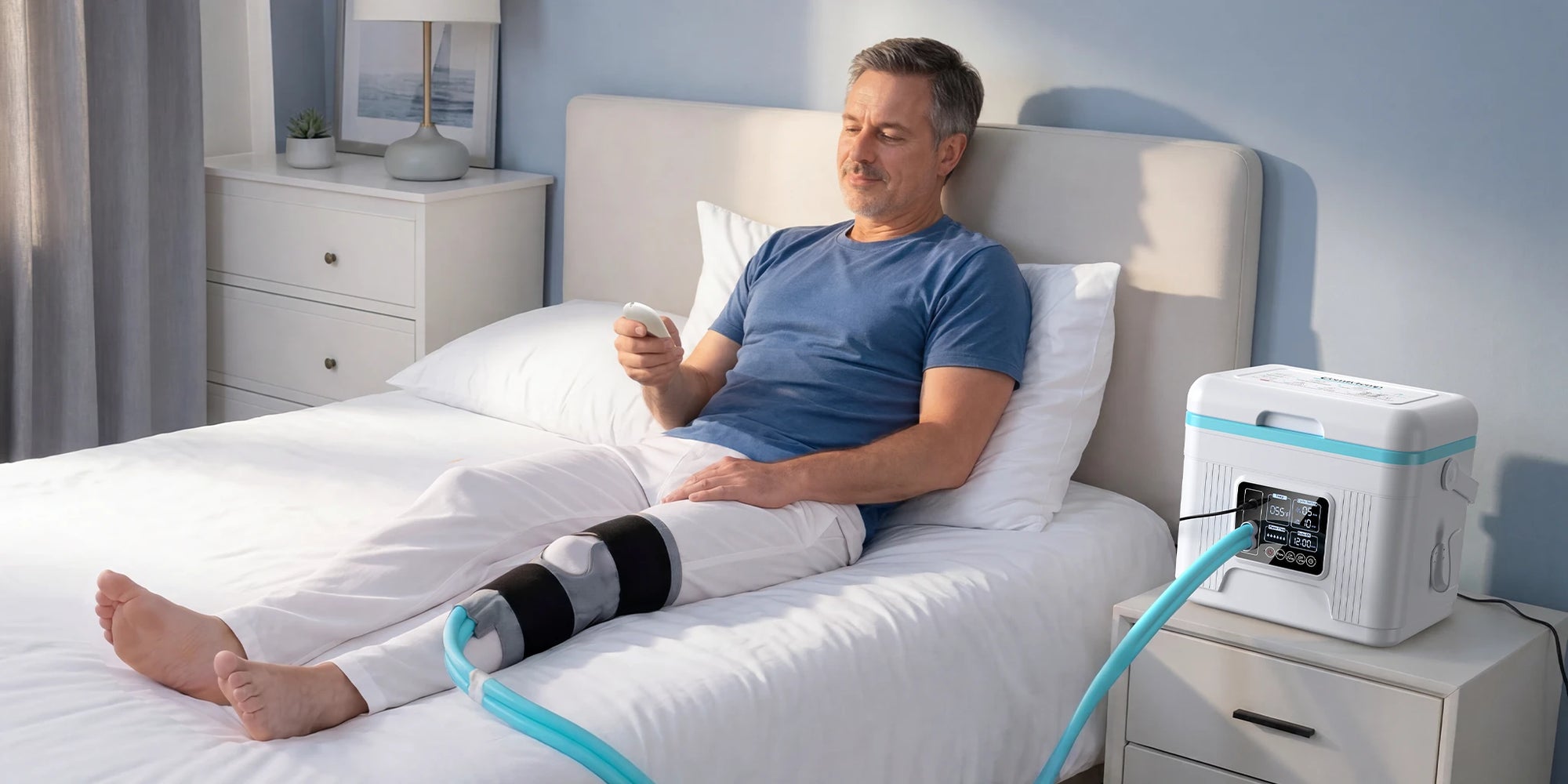 Man in bed using cold therapy machine on knee