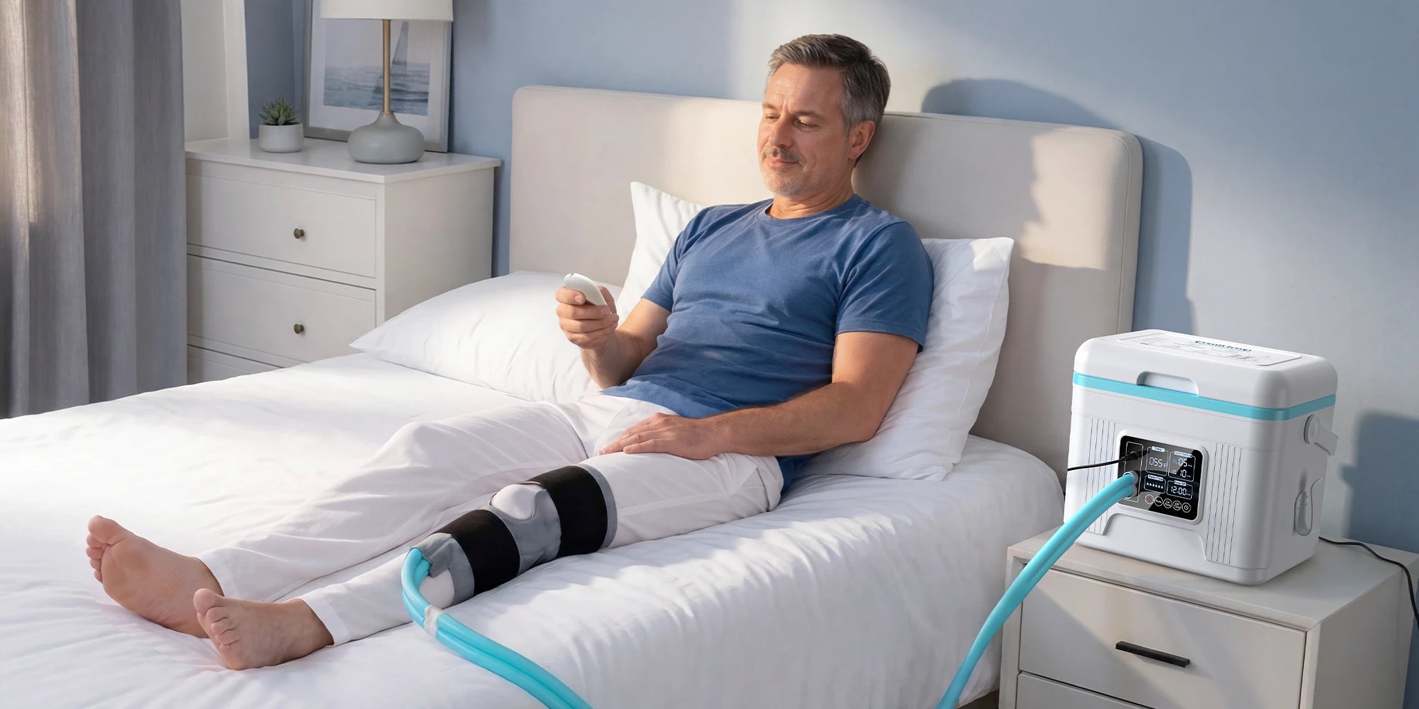 Man in bed using cold therapy machine on knee