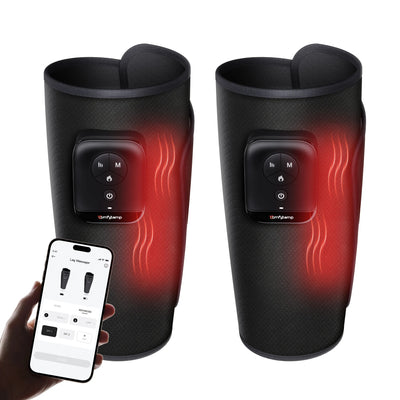 Pair of black cordless calf massagers with heat display, control panels, and smartphone app being held nearby.