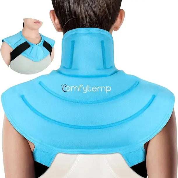 A person wearing a blue Comfytemp neck and shoulder ice pack wrap, seen from the back and front.