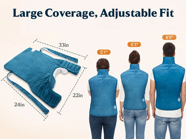Teal weighted heating pad vest with adjustable straps shown in flat lay with dimensions and worn by three people of