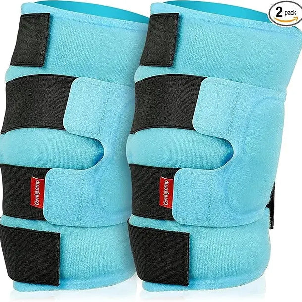 A pair of blue knee ice pack wraps with black straps shown as a 2-pack set.
