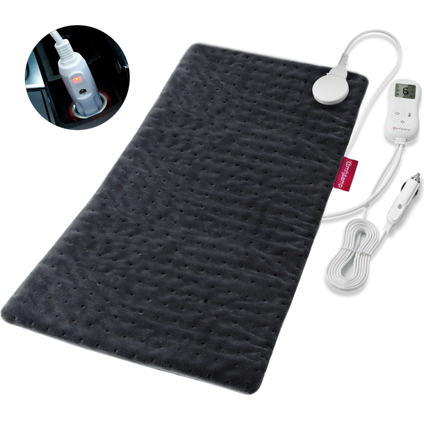 A gray electric heating pad for cars with a controller and a 12V cigarette lighter plug.