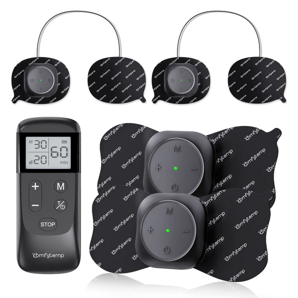 Comfytemp TENS EMS device with remote control and various electrode pads for muscle therapy.