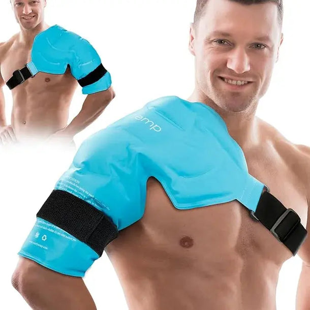 A man smiles while wearing a blue gel ice pack wrap designed for shoulder and arm recovery.