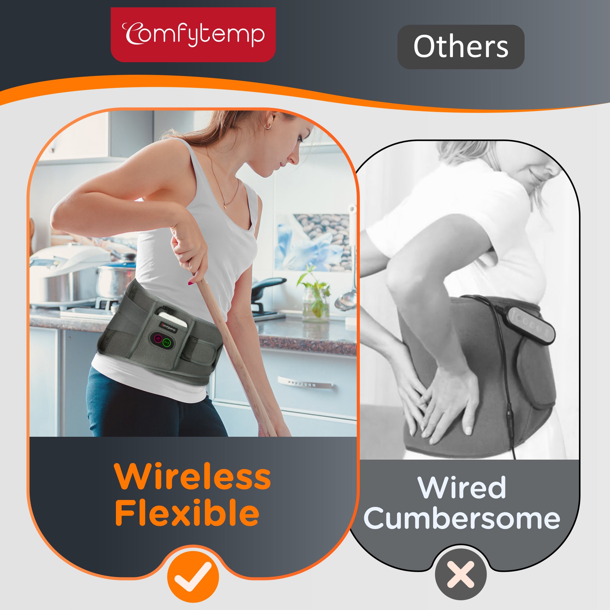 Cordless Heating Pad for Back Pain Relief, Comfytemp Battery Power Waist Belt with Massage,Grey